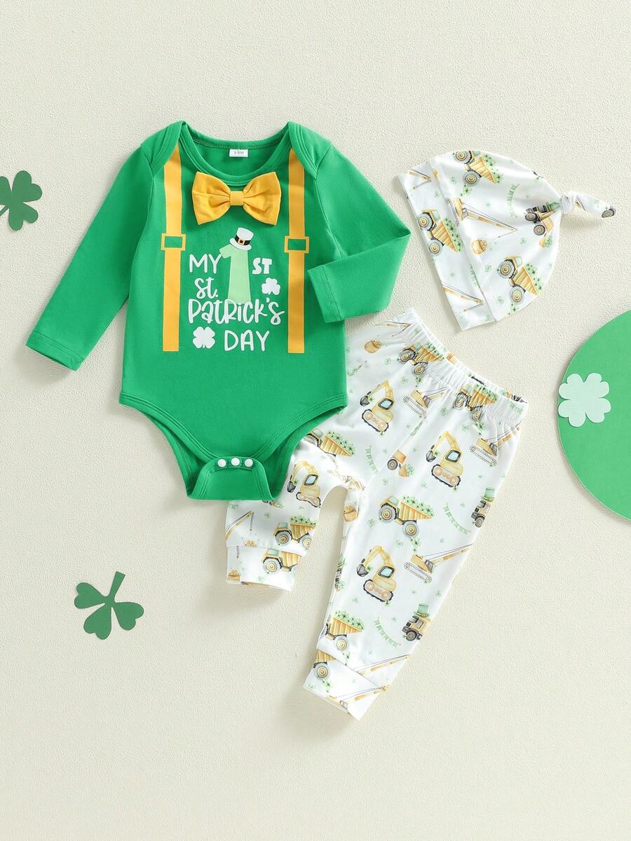 Conjuntos de ropa irlandesa para bebé niño, mono de manga larga con estampado de trébol, pantalones y gorro, 3 piezas - Verde - Ver 1