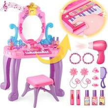 Juguete de mesa de maquillaje de cambiador para niños accesorios de maquillaje para niña pequeña juego de disfraces de princesa piano de musica y luces espejo ajustable secador de pelo juego deConveniente y duradero, favorito para niños - Multicolor - Ver 2