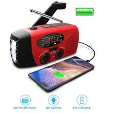 Radio Dinamo de manivela Solar portátil, Radio Solar de Cuerda con Cargador de teléfono USB Recargable y Linterna para Acampar, Senderismo - Rojo - Ver 1