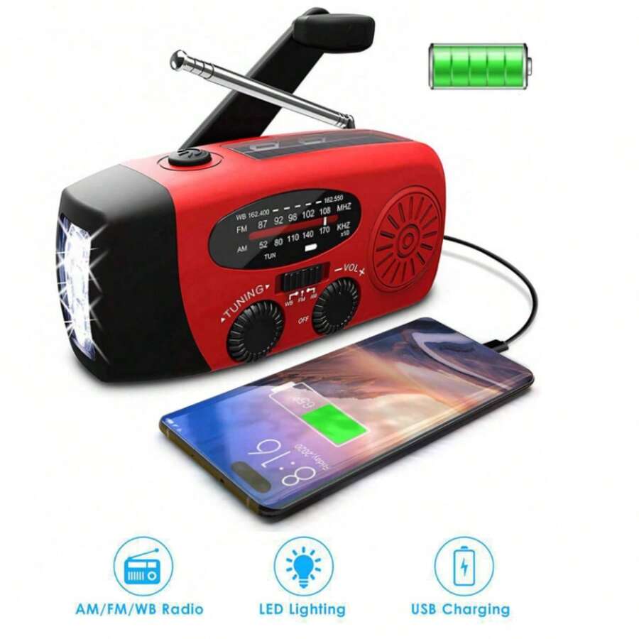 Radio Dinamo de manivela Solar portátil, Radio Solar de Cuerda con Cargador de teléfono USB Recargable y Linterna para Acampar, Senderismo - Rojo - Ver 1