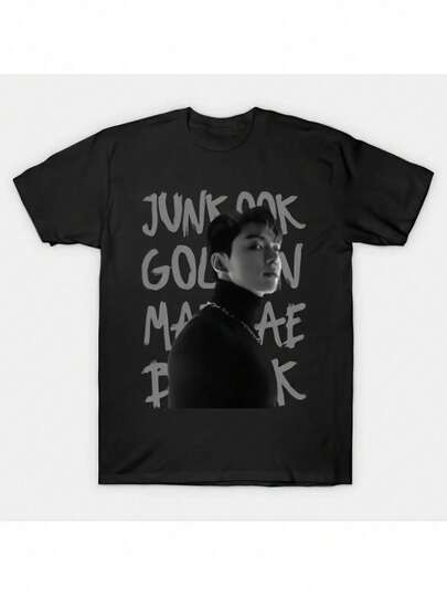 Camiseta gráfica de Jung Kook - Camiseta casual de cuello redondo para miembros, camiseta de manga corta de 220g para todas las estaciones para hombres y mujeres, negra con impresión blanca, ajuste a y cómodo, ropa casual |     Camiseta gráfica llamativa |     Textura Brillante