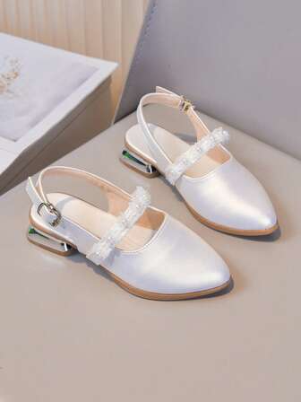 Zapatos de tacón alto sin respaldo con decoración de encaje y perlas, versátiles y de moda para sesiones fotográficas de fiestas infantiles