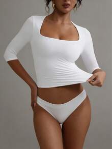 XLLAIS 七分袖T恤，双层弹力可变形领口，紧身款上衣