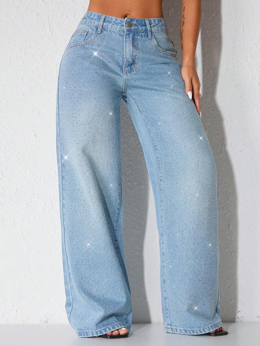 Low-Waist Wide-Leg Casual Blue Jeans With Slant Pockets & Beaded Embellishment Spring - Teal Blue - View 1