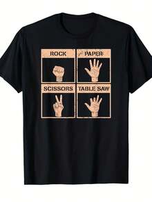 Camiseta gráfica de hombres con diseño de piedra, papel y tijera, sierra de mesa y dedos faltantes - diseño humorístico de accidentes laborales, camiseta casual de manga corta y cuello redondo para trabajadores de la construcción y amantes del humor, atuendo casual cómodo, ropa de trabajo divertida para todas las estaciones - Negro - Ver 1