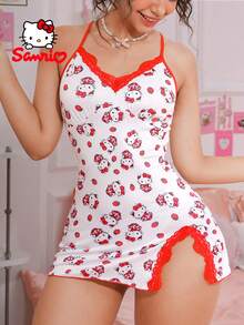 Sanrio Pajamoom Hello Kitty Women's Sleepwear, Red And White Striped, Strawberry Cute Digital Print, V-Neck, Contrast Lace, Side Slit, Ruffle Hem, Open Back, Babydoll Nightgown - Red and White - View 5
