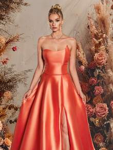 VIPGIRL Vestido de Festa Longo de Cetim Coral Sem Alças com Fenda Alta - Vestido de Formatura Elegante para Ocasiões Especiais