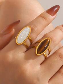 1 pieza Anillo de acero inoxidable minimalista con piedra de ojo de tigre en forma geométrica ovalada, adecuado para uso diario de mujeres y como regalo de vacaciones - Multicolor - Ver 2