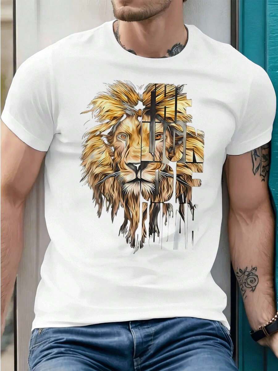 PLUS SIZE Lion Graphic Print Casual White TShirt Premium Cotton, Loose Fit, Comfort Fit, Casual, Graphic Design, New Arrival - White - View 1