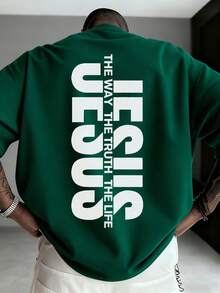 男士休闲百搭简约美式英语标语元素短袖T恤 - 墨綠色 - 查看 2