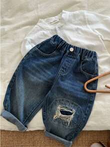 Dżinsy jeansowe w koreańskim stylu dla małych dzieci i młodzieży, z przetarciami, z prostą nogawką - Średni jeans - Zobacz 1