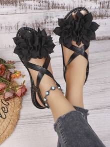 New Criss-Cross Floral Design Women Flat Sandals, Casual Fashion Versatile Lightweight Beach Sandals - Black - View 5