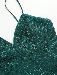 D&M 性感迷人修身波浪亮片交叉开衩露背派对礼服