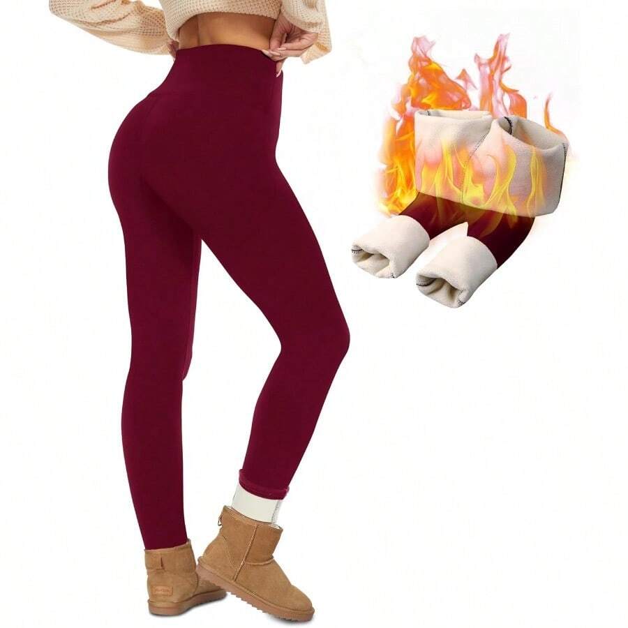 NexiEpoch Fleece Lined Leggings Women - Thermal Thick Winter Warm High Waisted Tummy Control Soft Pants For Snow Cold - 勃根地酒紅色+中等 - 查看 1
