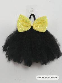 闪亮蝴蝶结发夹，蓬松卷曲的马利辫马尾辫，带松紧带，柔软发丝，适合儿童，1个装 - 黑色 - 查看 3