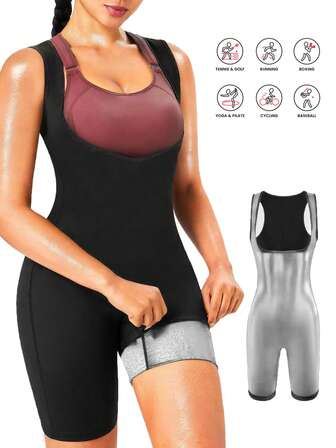 1pc Women's Solid Color Full Body Sauna Suit Vest Sports Jumpsuit High Waist Butt Lifting Sexy Fitness Tight Pants Slim Waist Training Vest Shorts Set, Butt Lifting Sauna Shaping Shorts, Women Weight Loss Slim Fit Sports Shorts Yoga Fitness Tight Pants Abdominal Control, Abdominal Fat Training Vest Sweater Set