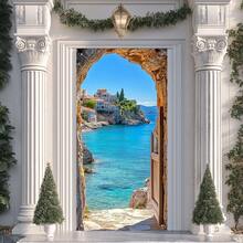 1pc 2D Flat Door Banner, Polyester Beach Scenery Door Valance, Multipurpose Rectangular Stone Arch Flag, Suitable For Home, Holiday, Birthday, Pull-Up Banner, No Power Required - Multicolor - View 1