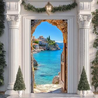 1pc 2D Flat Door Banner, Polyester Beach Scenery Door Valance, Multipurpose Rectangular Stone Arch Flag, Suitable For Home, Holiday, Birthday, Pull-Up Banner, No Power Required
