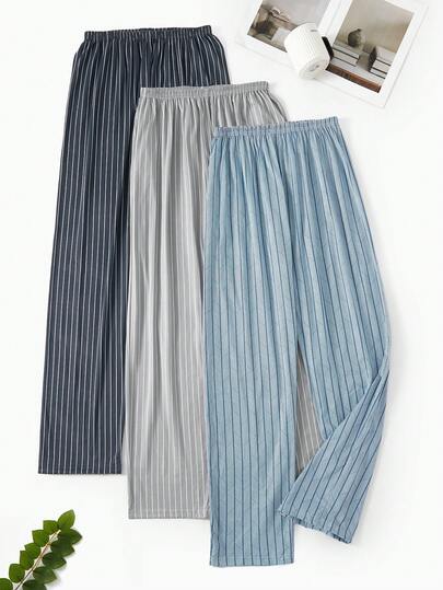 3 Pairs Men's Casual Striped Pajama Pants, Comfortable Loose Fit Lounge Pants For Spring & Autumn