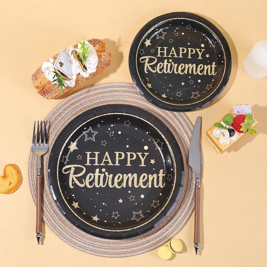 10/20/40/50pcs Black & Gold Retirement Theme Paper Plates, Black & Gold Happy Retirement Disposable Party Supplies, 7" & 9" One-Time Paper Plates For Birthday, Wedding, Family Picnic - Multicolor - View 1
