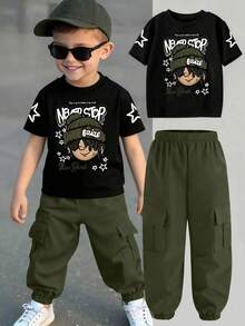 Conjunto de top de manga corta con estampado de dibujos animados y pantalones cargo para niños pequeños - Verde militar - Ver 1