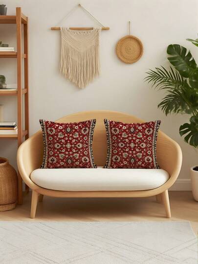 2 件装传统几何图案抱枕套 波西米亚风格枕套 亚麻枕套 节日派对装饰 家居方形沙发靠垫套 四季皆宜（不含填充物）