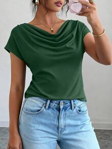 PRETTYGARDEN Women's Summer Clothes Tops Dressy Casual Clothing Cowl Neck Short Sleeve Blouses Business Work Office Shirts  Tops For Women - 綠色 - 查看 5