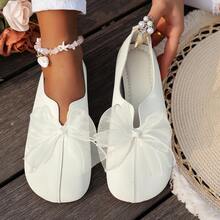 Women's Casual Solid Color Soft-Sole Round Toe Ballerina Flats With Bow Decoration, Fashion Slip-On Loafers - 白色 - 查看 6