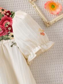 Vintage Floral Print Loose Dress For Girls, Delicate Puff Sleeve Embroidered Flowers (Embroidered Flower Position And Collar Flower Color Are Random), Suitable For Parent-Child Activities, Garden Party - Apricot - View 5