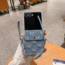 Compatible With Samsung Galaxy Z Flip7, Galaxy Z Flip6 Phone Case, Blue Denim Bow Tie Design With Lanyard, Card Holder, Protective Cover, Foldable, Shock-Resistant, Cushioned, Slim, Lightweight, Anti-Slip, Foldable Phone Case, Protective Cover Compatible With Galaxy Z Flip5, Galaxy Z Flip7 FE - Multicolor - View 2