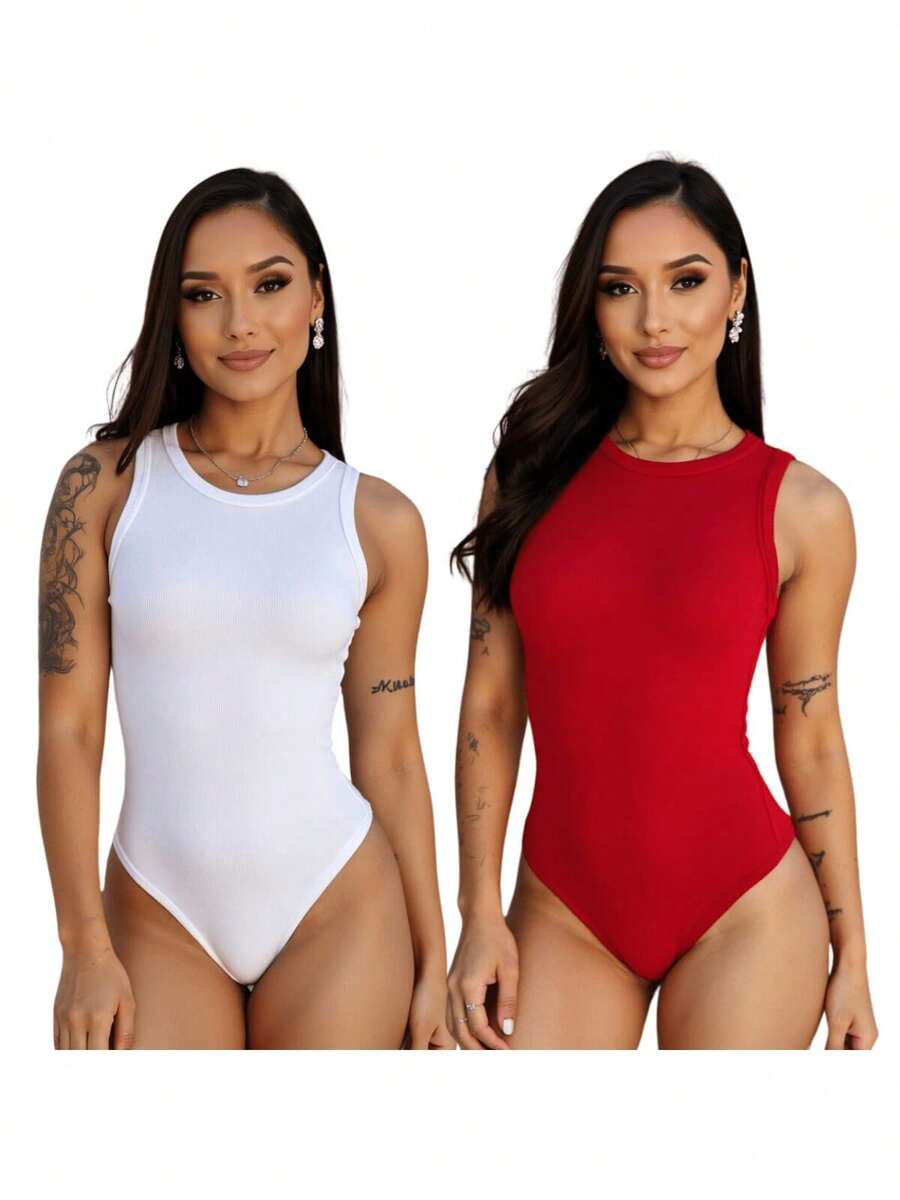 Kit 2 Body feminino Regata Canelada premium  Casual - BRANCO VERMELHO - Visão 1