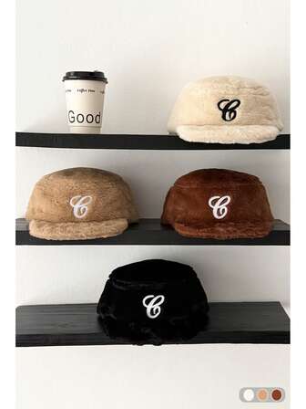 1顶软顶平沿帽，毛绒平沿棒球帽，保暖时尚复古刺绣平顶帽，男女皆宜，秋冬季