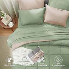 Juego de cama para todas las estaciones con edredón, sábanas y fundas de almohada, color verde salvia - 02 - Salvia y beige-rejilla - Ver 6