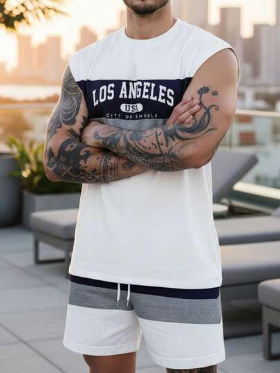 男士休闲撞色字母印花无袖背心短裤套装，夏季