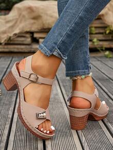 Women's Versatile Chunky Heel Sandals, Soft Sole, Open Toe, Fashion Casual Wear - Apricot - View 3