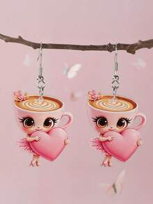 1 pieza Pendientes acrílicos versátiles y creativos con diseño de elfo de café, rosa y corazón, adecuados para hombres y mujeres, regalo elegante para el Día de San Valentín, días festivos y cumpleaños - Multicolor - Ver 3