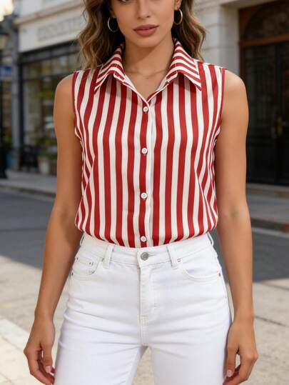 Red White Striped Sleeveless Shirt For Women 2025 Summer Lapel Button Down Casual Blouse Vintage Tank Top