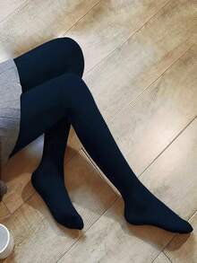 1 Pair Of Women's Navy Blue Brushed Tights Spring/Autumn Season Stretch-Fit Brushed Thin Thermal Lined Full-Length Leggings - Navy Blue - View 8