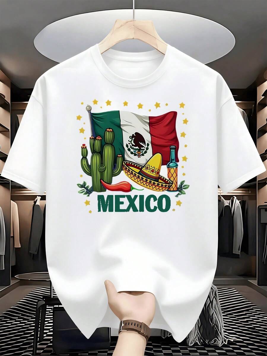 Mexican Flag Alongside Cactus, Sombrero, Chili Pepper, Bottle, And Stars Symbolizing The Vibrant Culture And Warmth Of The Country. Men's T-Shirt, 100% Cotton, 220g - 白色 - 查看 1