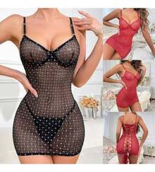 Lencería Sexy De Malla Con Diamantes De Imitación Para Mujer, Camisón Transparente - Rojo - Ver 7