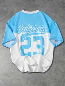 1 pieza Camiseta de manga corta de cuello redondo suave y cómoda con bloqueo de color y letra de California para niños, adecuada para deportes al aire libre, primavera/verano - Celeste - Ver 9