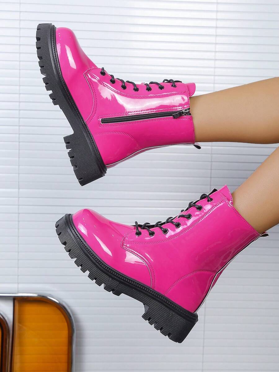 Giày bốt đế dày màu hồng tím bóng, khóa kéo, kiểu dáng retro đa năng, phù hợp cho mùa thu/đông, thanh thiếu niên và sinh viên.