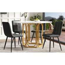 Dining Table Set (5-Piece), Hexagonal Dining Table, Dining Table 110 X 95 X 76 Cm (Incl. 4 Chairs), Polygonal Coffee Table For 4 People, Linen Bench (Incl. Dining Table With Marble Top), Grey Chairs - Gold,Gray - View 4