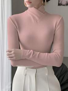女款純色針織交叉設計立領打底 T-shirt 上衣，辦公新年上衣，秋冬新款休閒粉色 - 粉色 - 查看 4