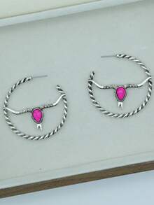 1 Pair Western Cowboy Style Turquoise Bull Head Hoop Earrings For Women - Earring - View 8