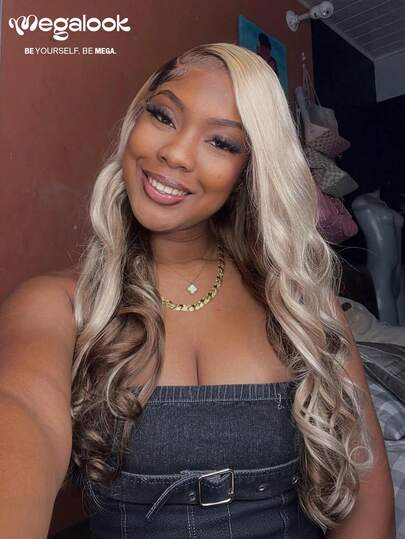 MEGALOOK 30英寸金棕色渐变色无胶6x5蕾丝水波纹假发，100%真人发丝，预剪蕾丝预拔毛，隐形结，自然发际线，无胶假发，金色假发 - 自然逼真，适合日常佩戴，办公室、僵尸新娘、万圣节、派对、Y2K、坏女孩、度假、户外、角色扮演、校园、学校假期、圣诞节、派对、婚礼、节日等场合，真人发丝假发