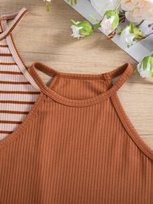 3pcs/Set Girls Ribbed Ribbed & Solid Color Fitted Sleeveless Halter Neck Dress - Coffee Brown - View 3