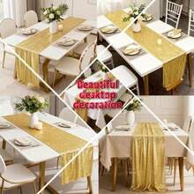 1pc Gold Sequin Table Runner, Dining Table Decor, Wedding Decoration Fabric, Sparkling Gold Table Cloth For DIY Party Decoration, Suitable For Wedding, Birthday, Housewarming, Romantic Date, Reception, Christmas, Valentine's Day, Ramadan And Other Holidays - Gold - View 8