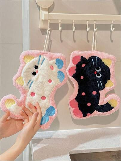 1pc Animal Shaped Hand Towel,Dopamine Cartoon Cute Cat Coral Fleece Hand Towel Lint-Free,Absorbent Towel,Hanging Style For Kitchen, Bathroom, Room Decor, Absorbent & Easy To Clean, Kitchen Towel,Bathroom Accessories, Suitable For Bathroom, Kitchen For Bathroom Kitchen Decor Dish Cloths Kitchen Towel