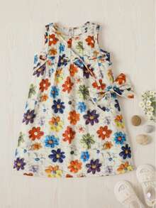 女童可爱碎花无袖连衣裙，复古碎花收腰连衣裙，儿童田园甜美公主裙配小挎包，春夏款 - 彩色 - 查看 2